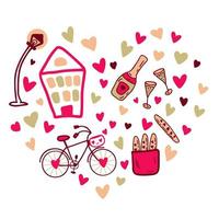 Hand drawn heart-shaped pattern for Valentine Day with champagne and bicycle.