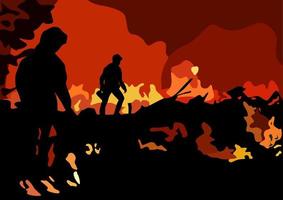 Fireman's fight with fire in forest, man extinguish burning wildfire at night wood with raging flames. wild nature catastrophe. Landscape. vector