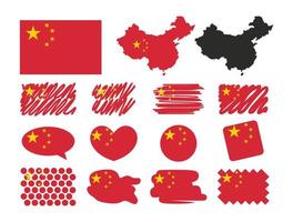 Vector of China country outline silhouette with flag set isolated on white background. Collection of China flag icons with square, circle, heart, speak icon, dots and map shapes. Hand drawn style.