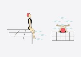 realizar movimientos de imitación con el pecho y las piernas en el agua, sentándose en el borde de la piscina. vista superior y lateral. vector