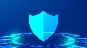 cyber security and data protection concept. shield with hi tech circle on blue lighting background vector