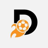 concepto inicial del logotipo de fútbol de la letra d con icono de fútbol en movimiento y símbolo de fuego. plantilla de vector de logotipo de fútbol