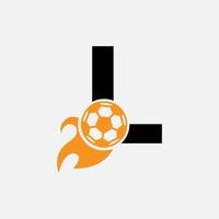letra inicial l concepto de logotipo de fútbol con icono de fútbol en movimiento y símbolo de fuego. plantilla de vector de logotipo de fútbol