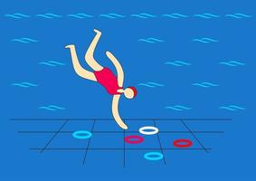 Diving collecting items from the bottom of the pool. Swimming pool. Young girl. vector