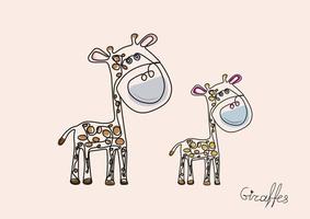 Giraffes continuous line art illustration. Cute couple giraffe. Mother with baby. Pastel colors. Card. vector