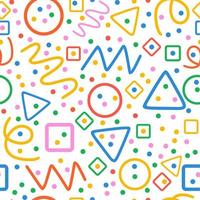 Colorful seamless pattern. Circles, triangles, serpentine, dots, squares, rhombus and zigzag. Fun colorful line doodle shape background. vector