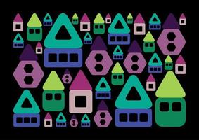 Abstract cozy colorful houses. Geometric shapes. Pattern on black background. Green, violet, blue colors. Different sizes. Copy paste. Ornamental. Triangles, squares, rectangles. vector