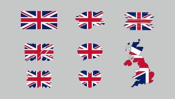 United Kingdom flags set. Various designs on gray background. Map. World flags. Vector set. Circle icon, speak cloud, heart shape. Hand drawn style. Collection of national symbols.