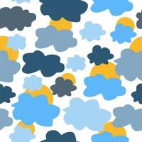 Cartoon seamless sky pattern. Doodle clouds and suns. Print, textile, fabric, wrapping paper. Abstract shapes. Nature. Blue and yellow colors. vector