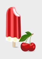 Frozen ice cream, vanilla and popsicles icon vector illustration with cherry flavor. Red, green, white colors. Sweet and cold dessert.