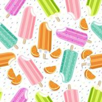 Iconos de helados coloridos congelados ilustración vectorial con rodajas de naranja y paletas heladas. patrón sin costuras Fondo blanco. impresión, textil, tela, papel de regalo. violeta, naranja, azul, rosa, amarillo. vector