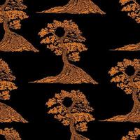árbol bonsái japonés. icono naranja. Ilustración de vector de silueta de bonsái sobre fondo negro. ecología, naturaleza, bioconcepto. puesta de sol con silueta de árbol. plantilla de diseño sin costuras.