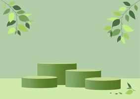 escena mínima abstracta con cuatro formas geométricas. podios de cilindros en fondo verde con hojas de plantas verdes. presentación de producto, mostrar producto, podio, pedestal de escenario, plataforma. maqueta vectorial 3d. vector