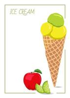 Ice cream icon vector illustration with apple, lime flavor. Red, green, yellow colors. Sweet and cold dessert. Three scoops of ice cream. Waffle. Card, post, menu, banner. Empty space for text. Frame.