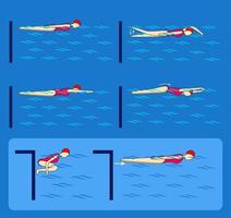 hand, performing crawling movements, dolphin legs. Float to the wall of the pool so that the feet are as close as possible to the wall. vector