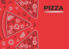 Pizza menu. Red board with pizza sliced. Mushrooms, olives, shrimps, orange, lime, pepper ingredients. Banner, cover, post, menu, card. Empty space for text or picture. vector