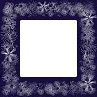 Fireworks or snowflakes frame or border. Dark violet or blue background. White empty space for text or picture. Card, invitation, banner, post template. vector