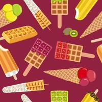 Golden brown homemade corn dog or hot dog waffle desserts seamless pattern. Ice cream desserts. Frozen and cold. Summer time. Banana, kiwi, lime, pomegranate flavors.  Isolated on dark red background. vector