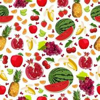 Seamless Fruits Pattern. Exotic, tropical Background with Pomegranate, Lemon, watermelon, grapes, cherry, banana, apple, lime, pineapple, strawberry for Wallpaper, Wrapping Paper, Fabric. Realistic. vector