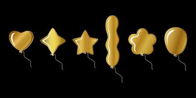 Vector set of balloons. Different shapes. Gold color. Black background.