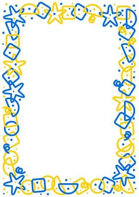 Colorful frame or border. Circles, triangles, serpentine, dots, squares, half circles, stars. Fun colorful line doodle shape background. Blue, yellow, white colors. Empty space for text or picture.