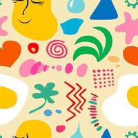 Abstract set of hand drawn various shapes and doodle objects on light yellow seamless background. Colorful shapes. vector