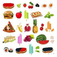 alimentos vectoriales. vegetales y frutas. caviar, lima, fresa, cereza, aceitunas, huevos, sándwich, manzana, helado, salmón, aguacate, albahaca, pizza, plátano, granada, piña, tomates, naranja. vector