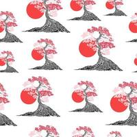 árbol bonsái japonés. icono de árbol y sol. Ilustración de vector de silueta de bonsái sobre fondo blanco aislado. ecología, naturaleza, bioconcepto. puesta de sol con silueta de árbol. plantilla de diseño