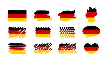 Germany flag - flat collection. Flags of different shaped twelve flat icons. Vector illustration set. Germany map. Heart, dots, hand drawn.