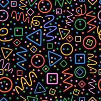 patrón transparente de colores. círculos, triángulos, serpentinas, puntos, cuadrados, rombos y zigzag. fondo de forma de garabato de línea colorida divertida.