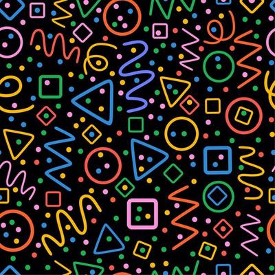 Colorful seamless pattern. Circles, triangles, serpentine, dots, squares, rhombus and zigzag. Fun colorful line doodle shape background.