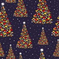 Christmas tree seamless pattern. Happy New Year. Stars, moon and night. Dark background. Christmas tree toys and ribbons. Wrapping paper, textile, fabric or print. vector