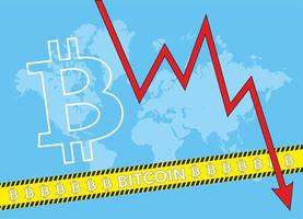 Bitcoin index rating go down on exchange market. Red arrow. The bitcoin rate is going down on the background of the world map. Yellow ribbon. Word Bitcoin vector