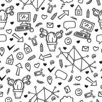 Hand drawn business or school doodles seamless pattern. Mobile, computer, speak clouds, pen, arrow, cactus, smile icon, heart, envelope icons. Vector illustration.