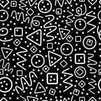 Black and white seamless pattern. Circles, triangles, serpentine, dots, squares, rhombus and zigzag. Simple line doodle shapes on black background. vector