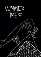 tarjeta o pancarta de horario de verano. la chica está sentada en el banco. vista superior. reloj, bolso, piernas, clavos, shorts, mano. en blanco y negro. vector