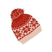 Knitted red cap. Red and beige ornament colors. Winter and autumn accessory. vector