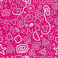 patrón transparente rosa. triángulos, serpentinas, puntos, espirales cuadradas, círculos, cuadrados y zigzag. divertido fondo de forma de garabato de línea blanca. resumen. textil, estampado, tela, papel de regalo.