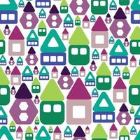 Abstract cozy colorful houses. Seamless pattern. Geometric shapes. Pattern on white background. Green, violet, blue colors. Different sizes. Copy paste. Ornamental. Triangles, squares, rectangles. vector