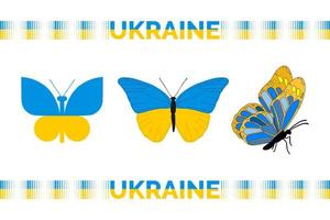 un conjunto de mariposas con la bandera de ucrania en las alas aisladas sobre un fondo blanco. palabra ucrania con la bandera de ucrania. puntos, cinta punteada. vector