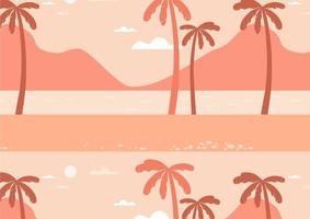 playa de mar de verano, paisaje de montañas y palmeras. vacaciones de verano. ilustración plana junto al mar. patrón sin costuras vector