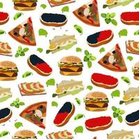 Fast food seamless pattern. Sandwiches and pizza. Cheese, tomatoes, basilic, red and black caviar, eggs, salad, avocado, salmon, olives, bread. white background. Textile, print, fabric, wrapping paper vector