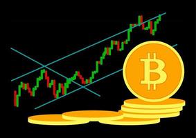 Bitcoin currency going up. Bitcoin on red and green graph. Bitcoin background with black backdrop and growing up graphs. Yellow gold coins. vector