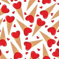 Ice cream desserts seamless pattern. Heart shapes. Frozen and cold. Love. Valentines day. Summer time. Red color. Isolated on white background. Print, textile, fabric, wrapping paper. Waffle cone. vector