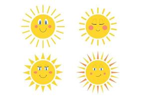 Cute suns. Sunshine emoji, cute smiling faces. Isolated funny smileys vector icons on white background.