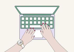 mujer de negocios o niña escribiendo ventas o informes en una computadora portátil. vista superior. vector