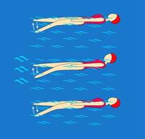 Swim on your back while crawling your legs, tilt your head forward so that you can see the surface of the water above your body. Swimming pool instruction. vector