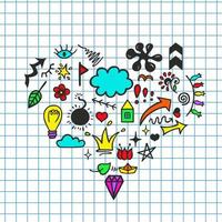 Creative art doodles hand drawn Design illustration. Colorful heart shape. Grid sheet. vector