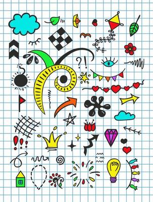 Creative art doodles hand drawn Design illustration. Colorful shapes. Grid sheet.