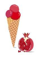 Ice cream icon vector illustration with pomegranate flavor. Red, pink, violet colors. Sweet and cold dessert. Three scoops of ice cream. Waffle.